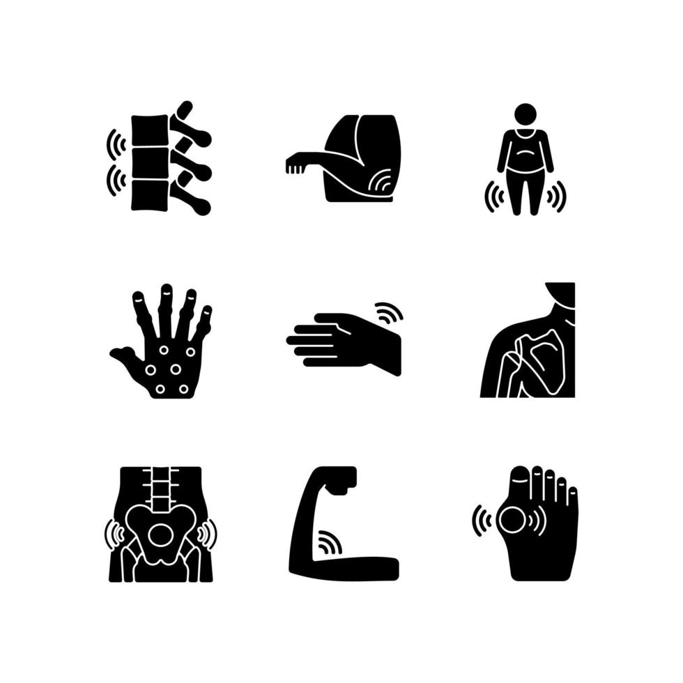 Joint inflammation black glyph icons set on white space. Bone pain. Rheumatoid arthritis. Muscle weakness. Swelling in ligaments. Osteoarthritis. Silhouette symbols. Vector isolated illustration