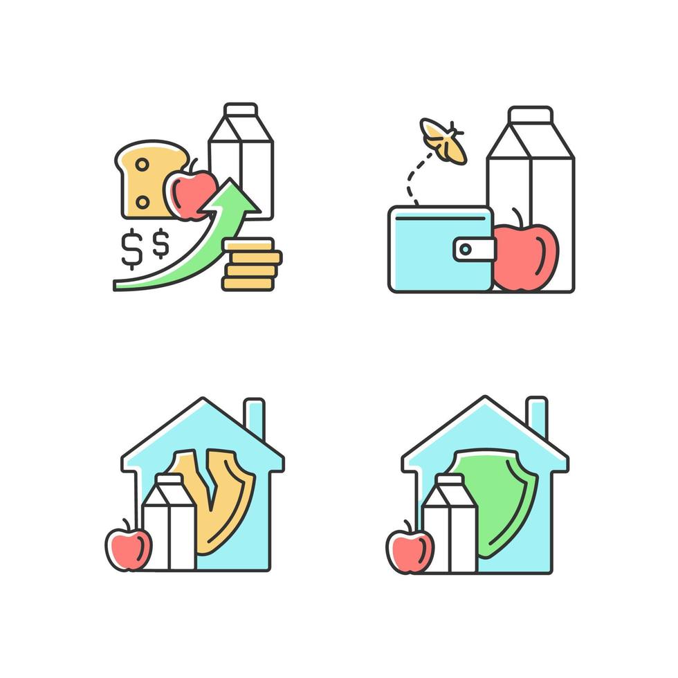 Poverty and hunger RGB color icons set. No money for products. Increased prices. Food insecurity. Household nutrition security. Isolated vector illustrations. Simple filled line drawings collection