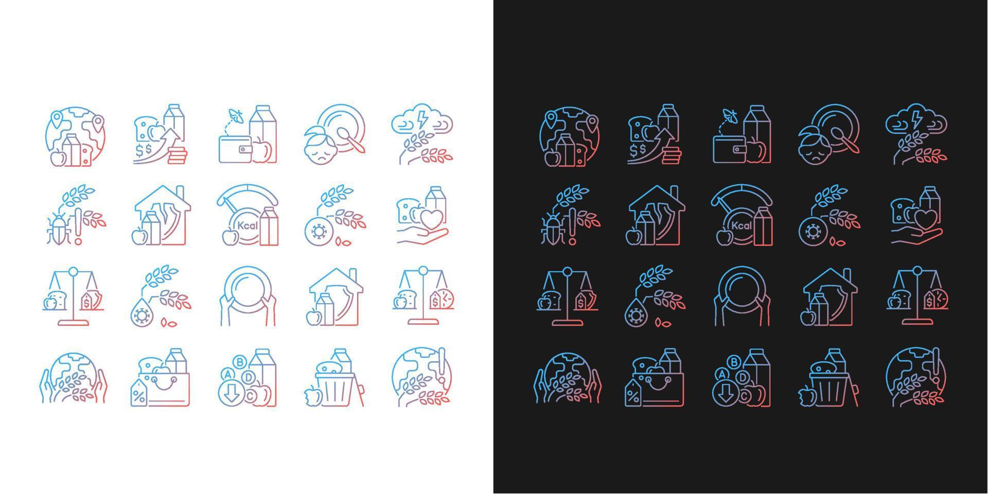 Hunger and food security gradient icons set for dark and light mode. Poverty and starvation. Thin line contour symbols bundle. Isolated vector outline illustrations collection on black and white