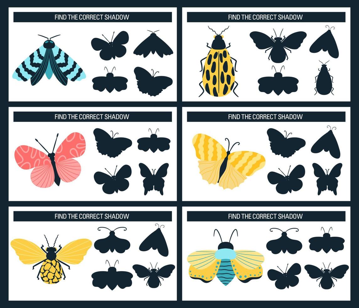 Insects, butterflies, moths. Find the right shadow, an educational game for kids. Vector illustration cartoon style