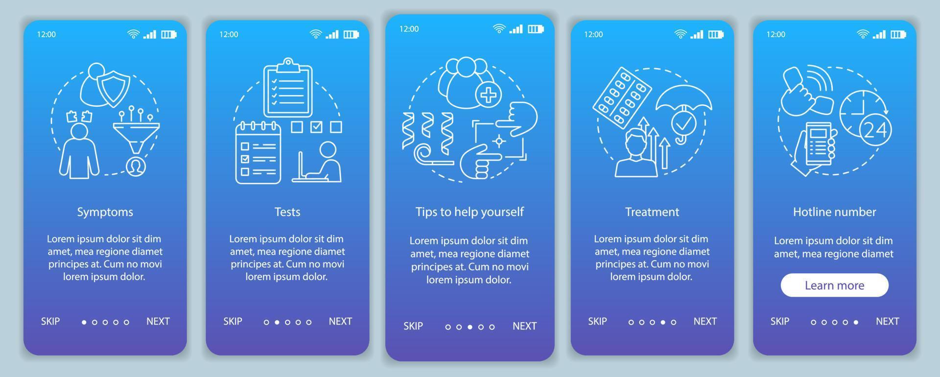 Depression overcoming onboarding mobile app page screen vector template. Symptoms, tests, treatment. Walkthrough website steps with linear illustrations. UX, UI, GUI smartphone interface concept