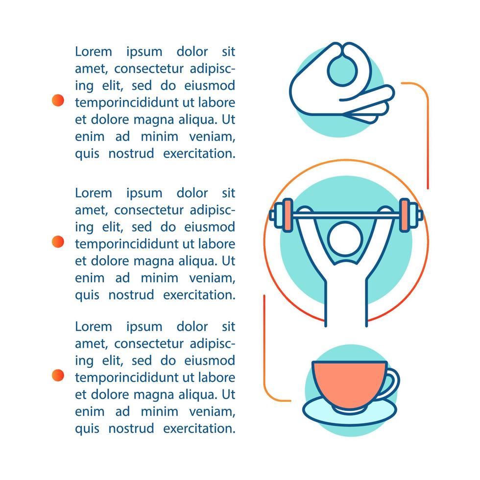 Emotions control article page vector template. Workout, positive, relax time. Mental health, feeling. Brochure design element with linear icons and text boxes. Concept illustrations with text space