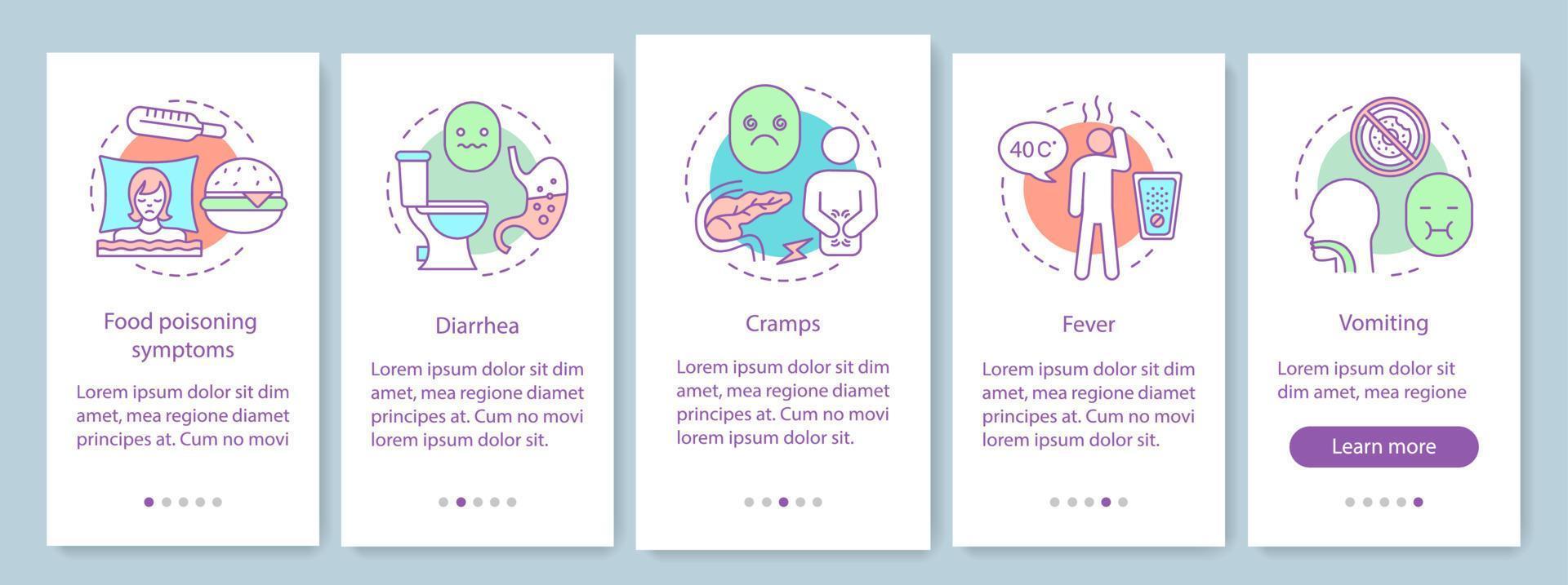 Food poisoning onboarding mobile app page screen vector template. Foodborne illness. Diarrhea, cramps, fever, vomiting. Indigestion. Walkthrough website steps. UX, UI, GUI smartphone interface concept