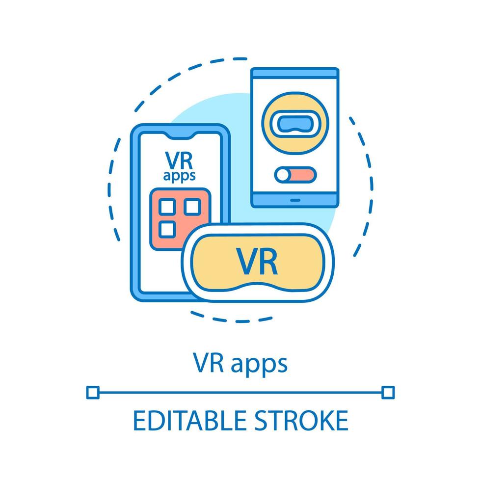 VR apps concept icon. Application for virtual and augmented reality. Devices for VR. Smartphone virtual reality headset idea thin line illustration. Vector isolated outline drawing. Editable stroke