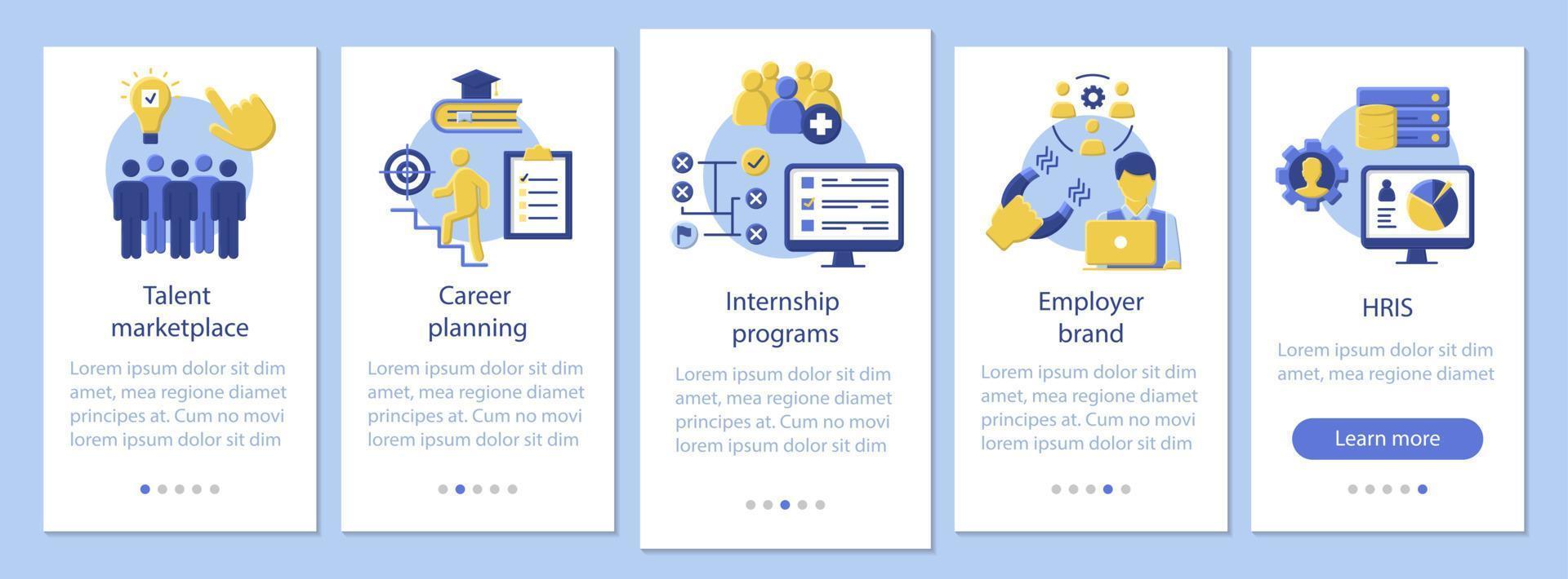 Talent management onboarding mobile app page screen vector template. Internship program, marketplace. HRIS. Flat design website instructions. UX, UI, GUI smartphone interface cartoon concept