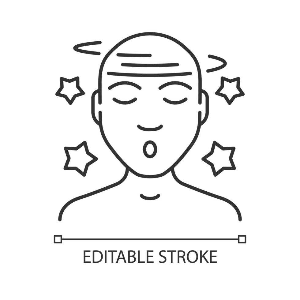 Dizziness linear icon. Fatigue, vertigo illness thin line illustration. Headache, concussion, migraine. Contour symbol. Vector isolated outline drawing. Anxiety, depression. Editable stroke