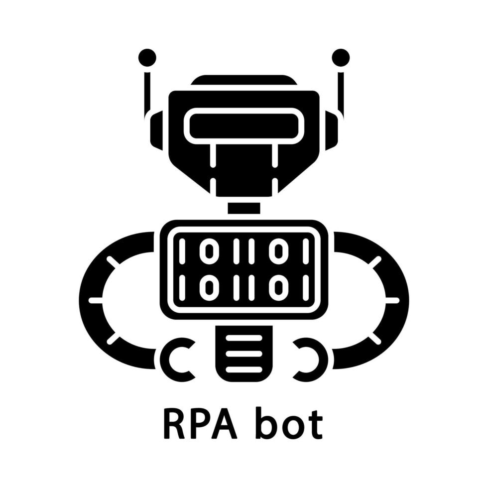 RPA bot glyph icon. Programmed cyborg. Software robot. Robotic process automation. Silhouette symbol. Negative space. Vector isolated illustration