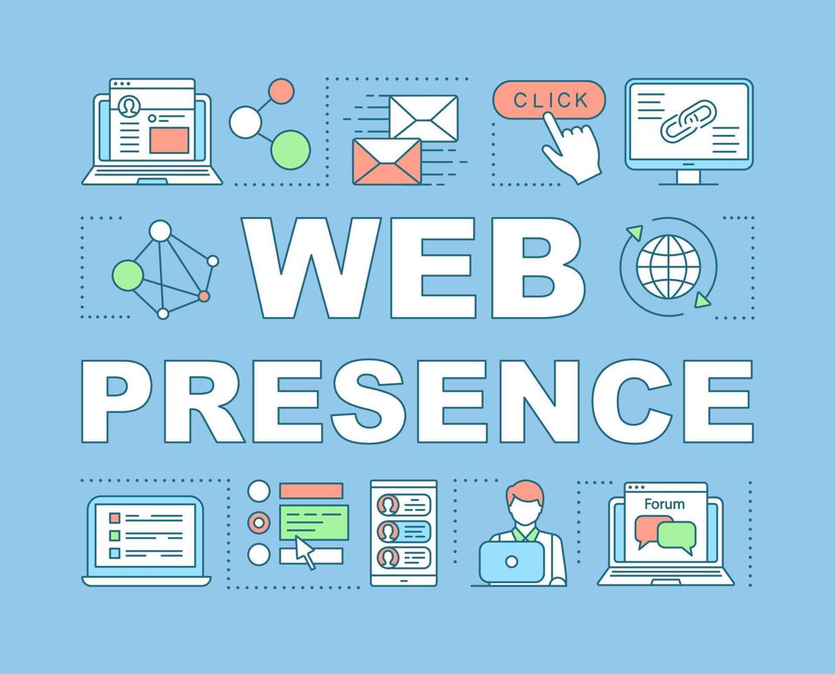 Web presence word concepts banner. Social media marketing. Networking, link building. Blogging. Presentation, website. Isolated lettering typography idea with linear icons. Vector outline illustration