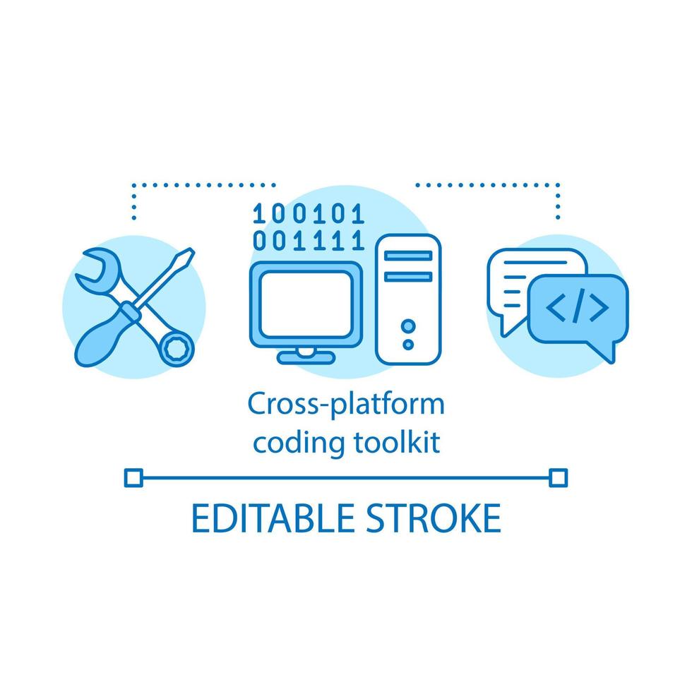 Cross platform coding toolkit concept icon. Programming, software development starter pack idea thin line illustration. Program making environment. Vector isolated outline drawing. Editable stroke