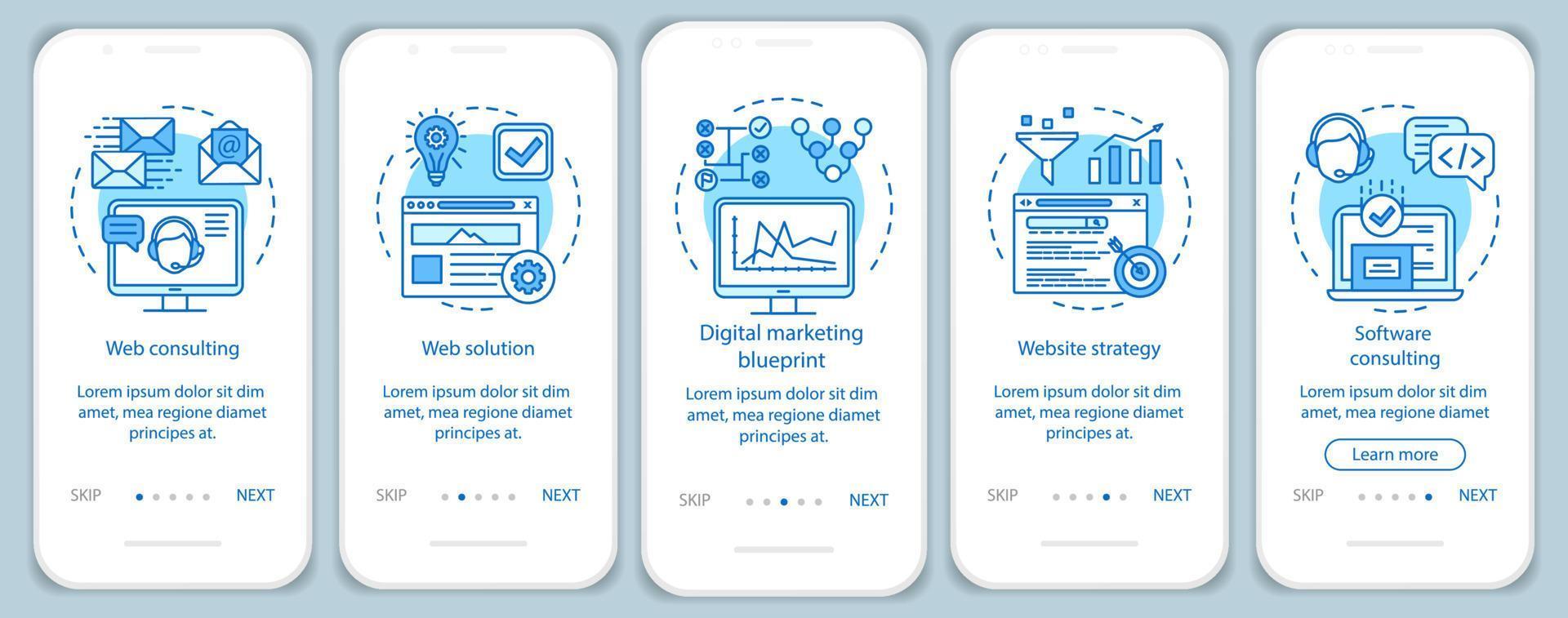 Web consulting onboarding mobile app page screen vector template. Digital marketing, website strategy. Walkthrough website steps with linear illustrations. UX, UI, GUI smartphone interface concept