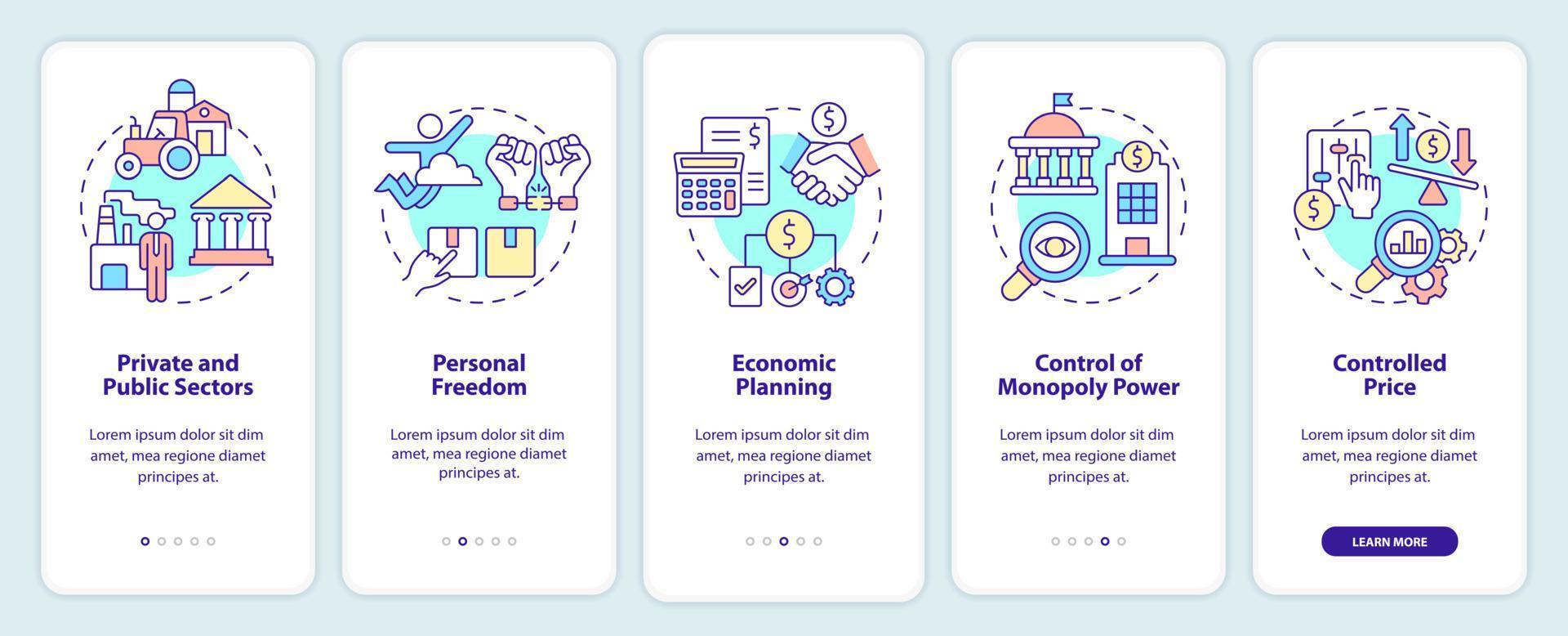 Mixed economy features onboarding mobile app screen. State and business walkthrough 5 steps graphic instructions pages with linear concepts. UI, UX, GUI template. Myriad Pro-Bold, Regular fonts used vector