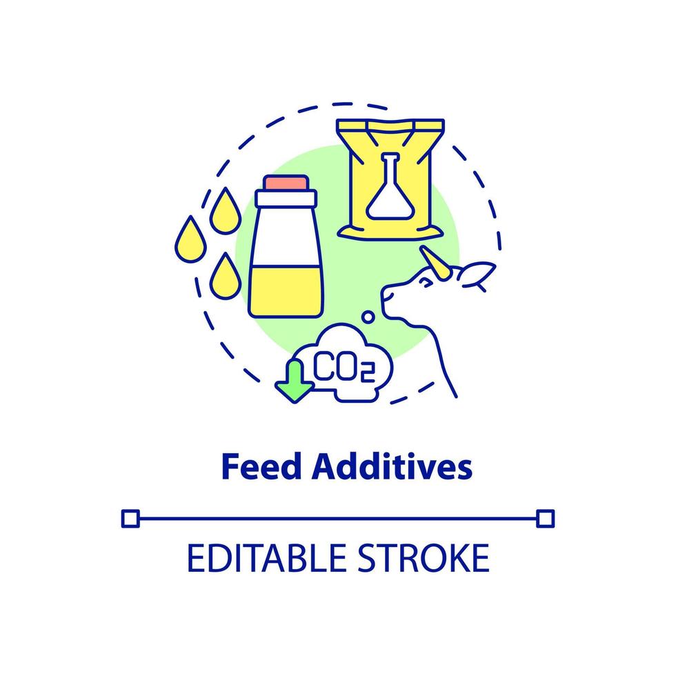 Feed additives concept icon. Dairy cows nutrition abstract idea thin line illustration. Reducing methane. Isolated outline drawing. Editable stroke. Roboto-Medium, Myriad Pro-Bold fonts used vector