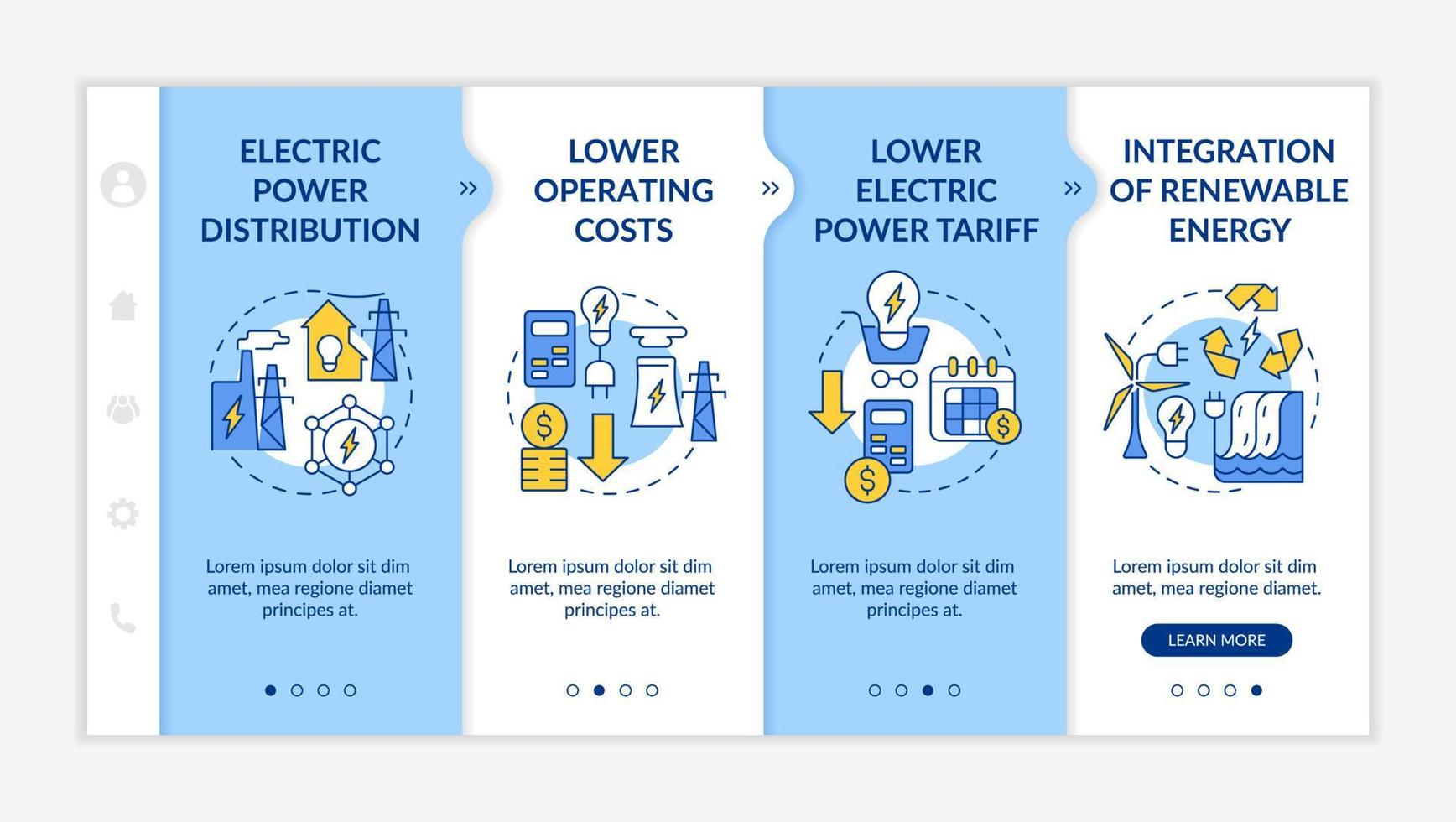 Smart grid characteristics blue and white onboarding template. Energy tech. Responsive mobile website with linear concept icons. Web page walkthrough 4 step screens. Lato-Bold, Regular fonts used vector