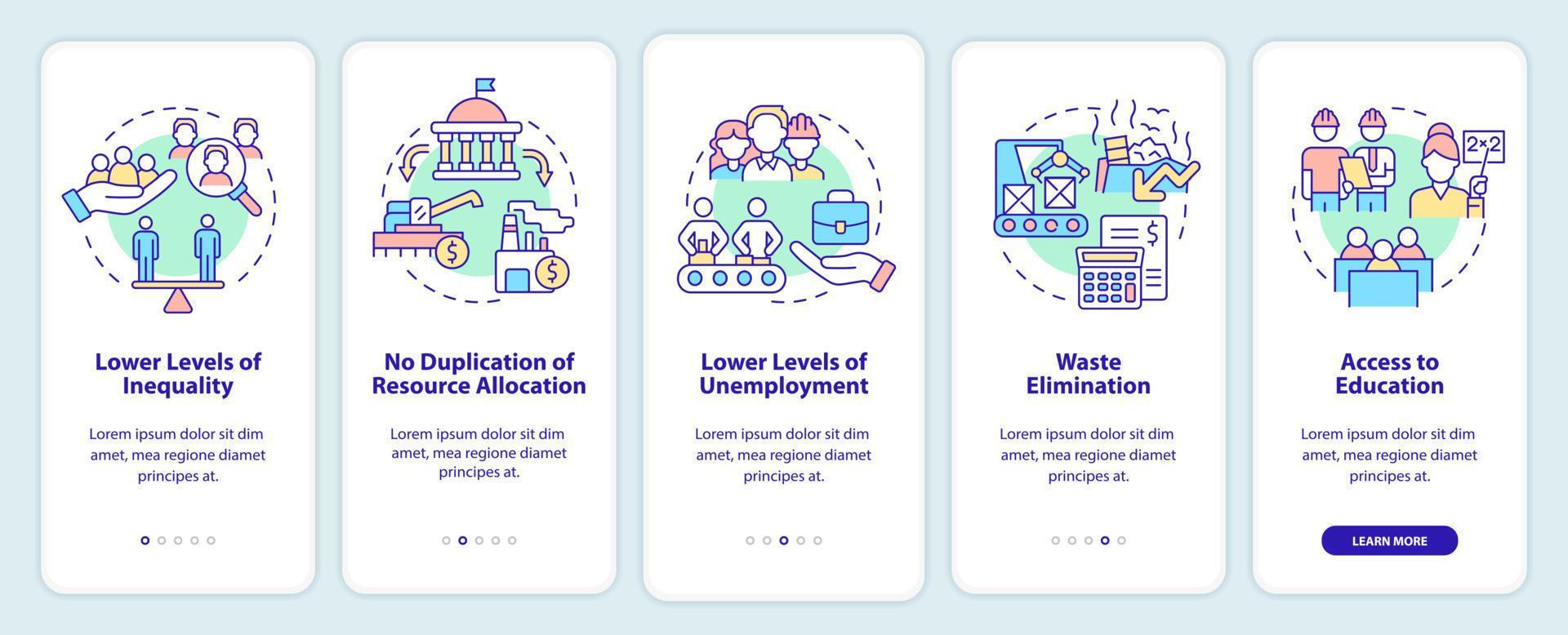 Centrally planned ES advantages onboarding mobile app screen. Walkthrough 5 steps graphic instructions pages with linear concepts. UI, UX, GUI template. Myriad Pro-Bold, Regular fonts used vector