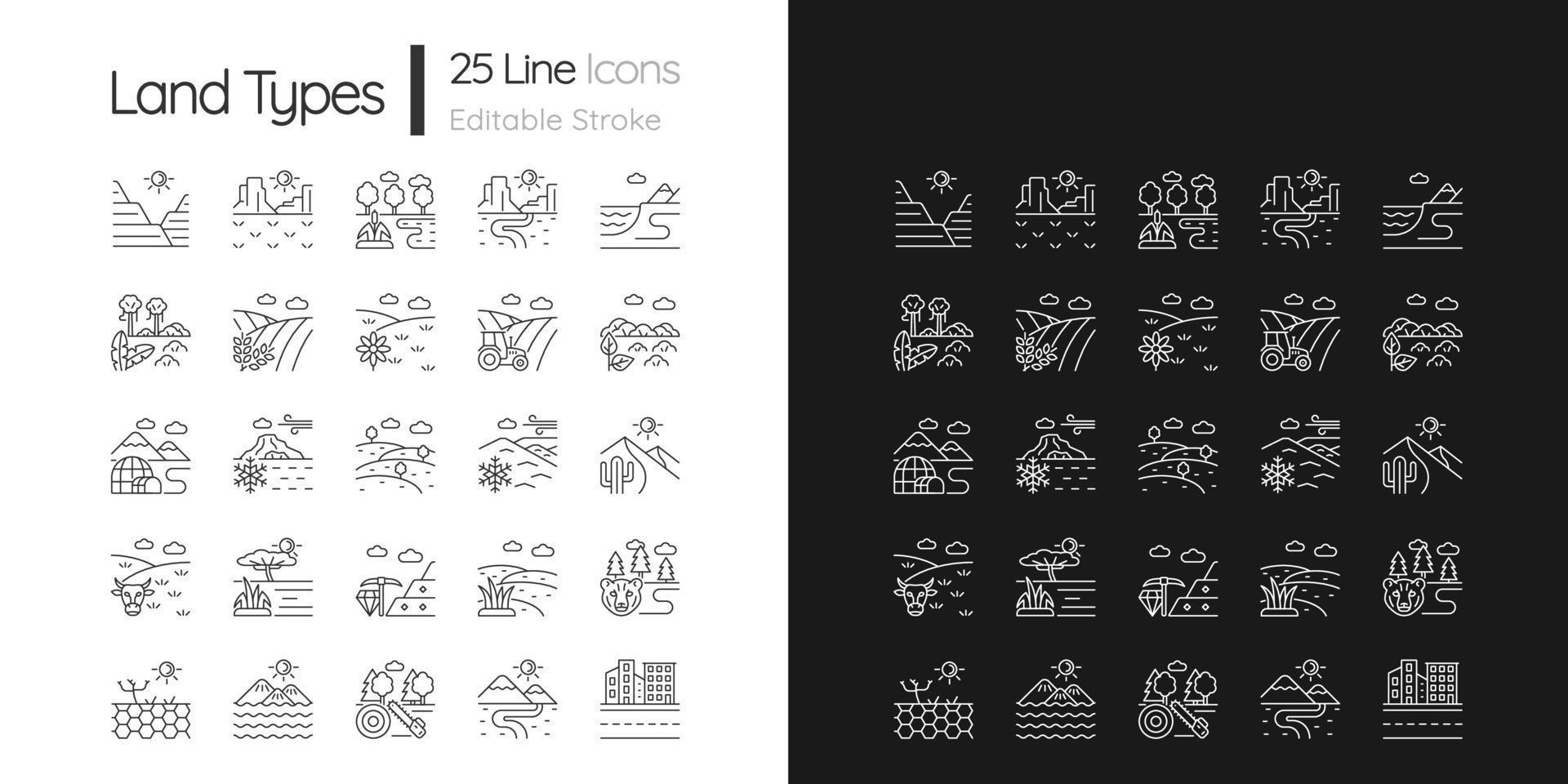 iconos lineales de tipos de tierra establecidos para modo oscuro y claro. diversidad de biomas. regiones cálidas y frías. zonas climáticas. símbolos de línea fina personalizables. ilustraciones aisladas de contorno vectorial. trazo editable vector