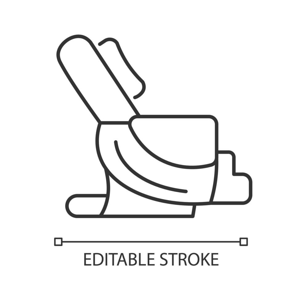 Massage chair linear icon. Massaging equipment. Spa salon, center. Muscle relieving. Thin line customizable illustration. Contour symbol. Vector isolated outline drawing. Editable stroke