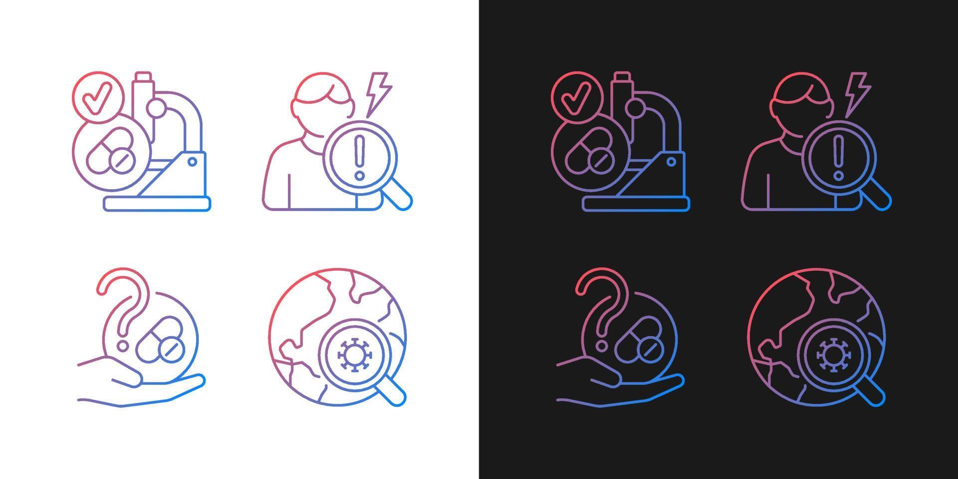 Testing potential treatments gradient icons set for dark and light mode. Successful research. Thin line contour symbols bundle. Isolated vector outline illustrations collection on black and white