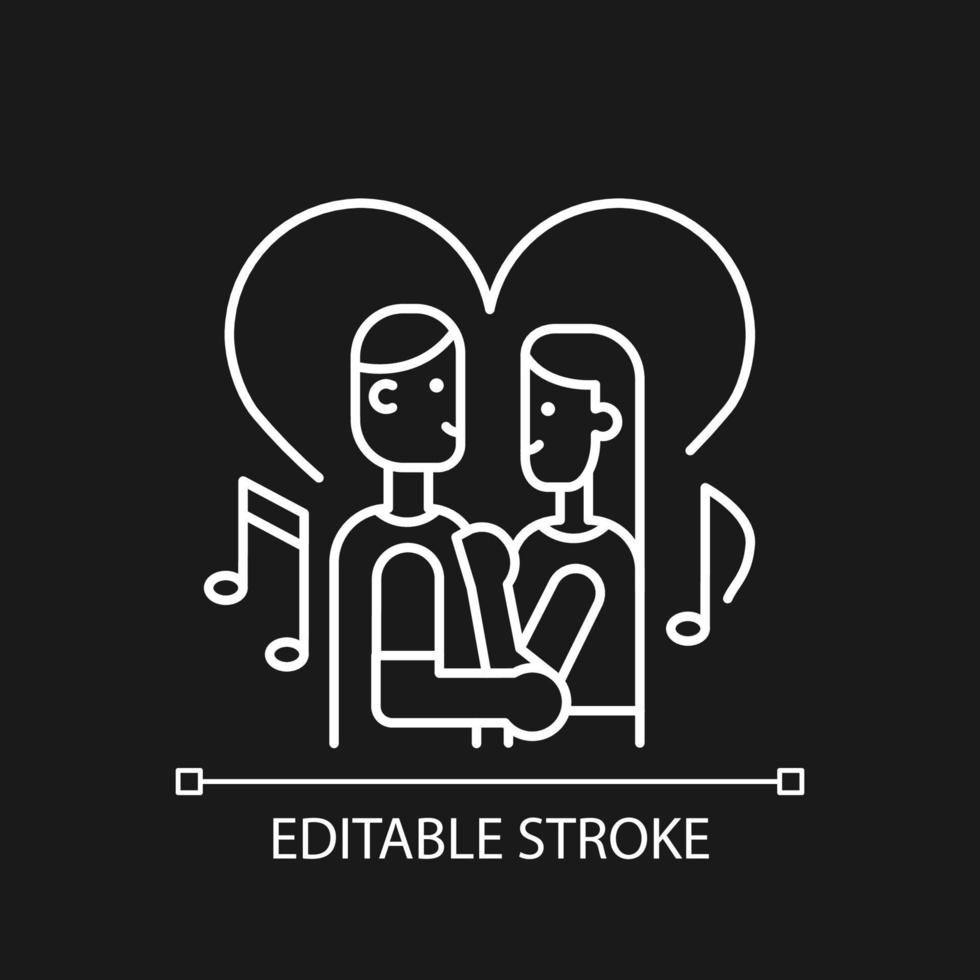 Couple dancing white linear icon for dark theme. Married people slow dance. Dance lesson for couple. Thin line customizable illustration. Isolated vector contour symbol for night mode. Editable stroke