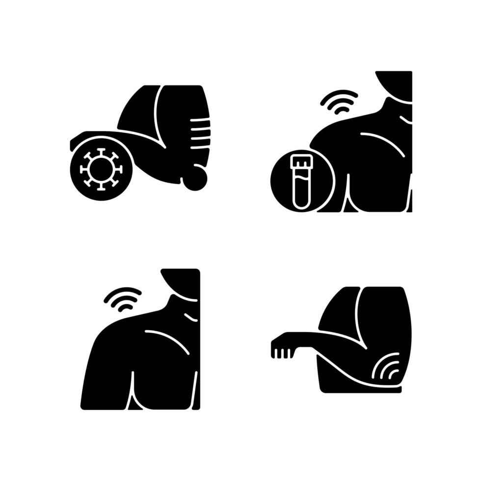 Shoulder and elbow pain black glyph icons set on white space. Autoimmune condition. Rheumatism blood test. Inflammatory process. Septic arthritis. Silhouette symbols. Vector isolated illustration