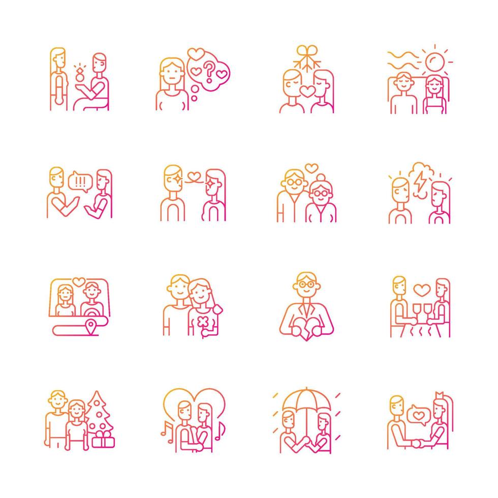 Romance gradient linear vector icons set. Romantic love. Partners spending time. Couple quality time. Happy relationship. Thin line contour symbols bundle. Isolated outline illustrations collection