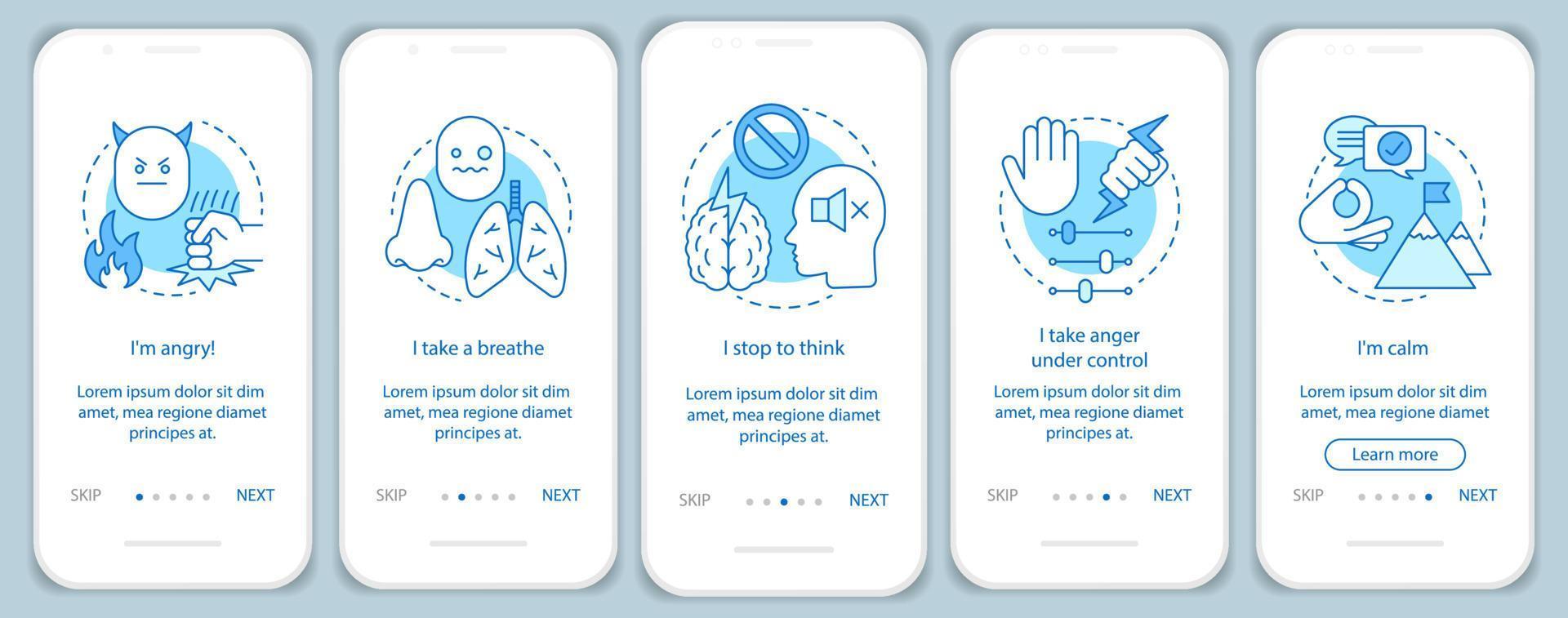 Anger management onboarding mobile app page screen vector template. Take a breath, stop to think, calm. Walkthrough website steps with linear illustrations. UX, UI, GUI smartphone interface concept