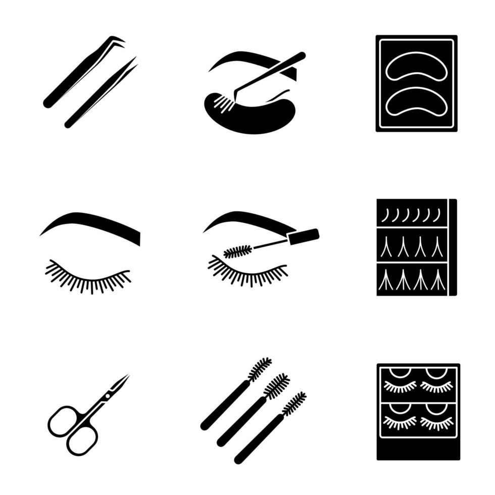 Eyelash extension glyph icons set. Silhouette symbols. Tweezers, disposable eyeshadow pads, closed woman's eye, mascara wands, scissors, eyelash extension packaging. Vector isolated illustration