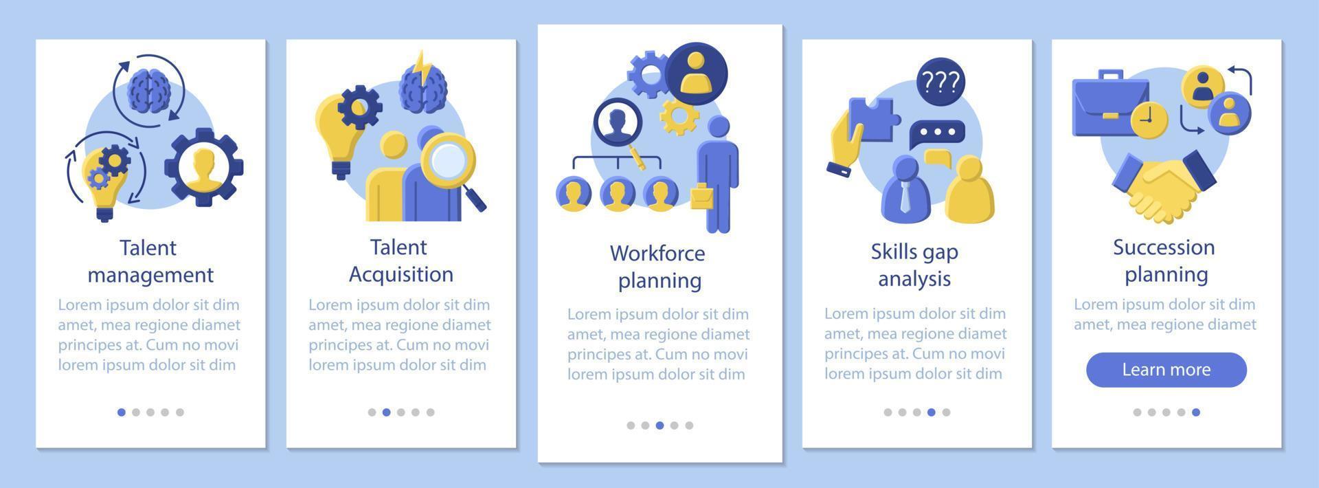 Talent management onboarding mobile app page screen vector template. Workforce planning, talent acquisition. Flat design website instructions. UX, UI, GUI smartphone interface cartoon concept