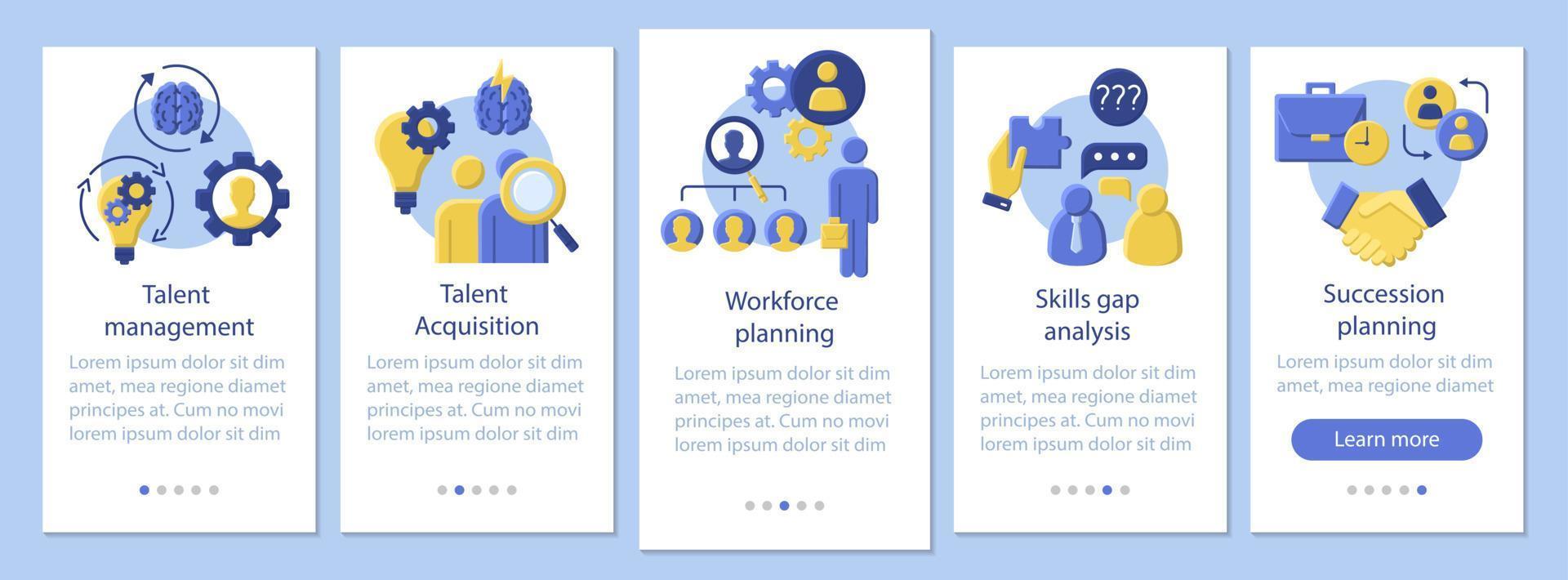 plantilla de vector de pantalla de página de aplicación móvil de incorporación de gestión de talento. planificación de la fuerza laboral, adquisición de talento. instrucciones del sitio web de diseño plano. ux, ui, concepto de dibujos animados de interfaz de teléfono inteligente gui