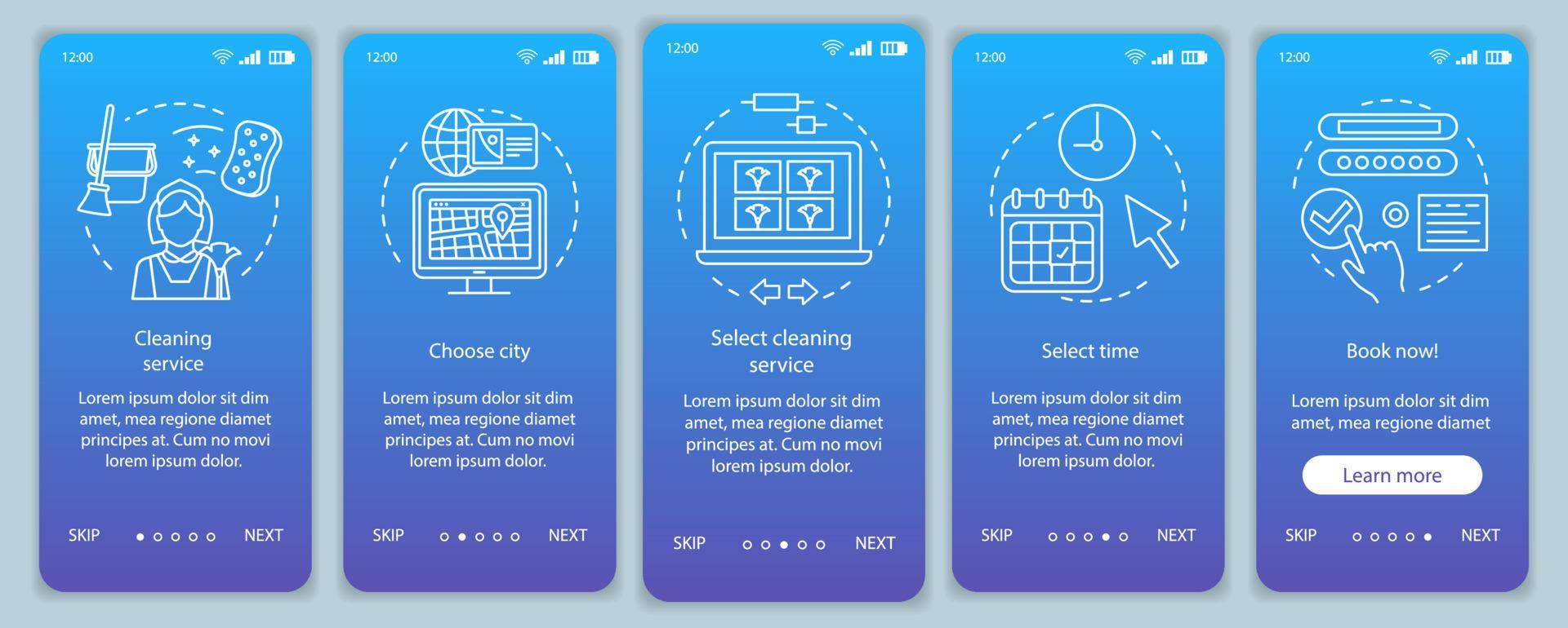 plantilla de vector de pantalla de página de aplicación móvil de incorporación de reserva de servicio de limpieza. empresa de limpieza llenado de formulario en línea. paso a paso del sitio web, ilustraciones lineales. ux, concepto de interfaz de teléfono inteligente ui