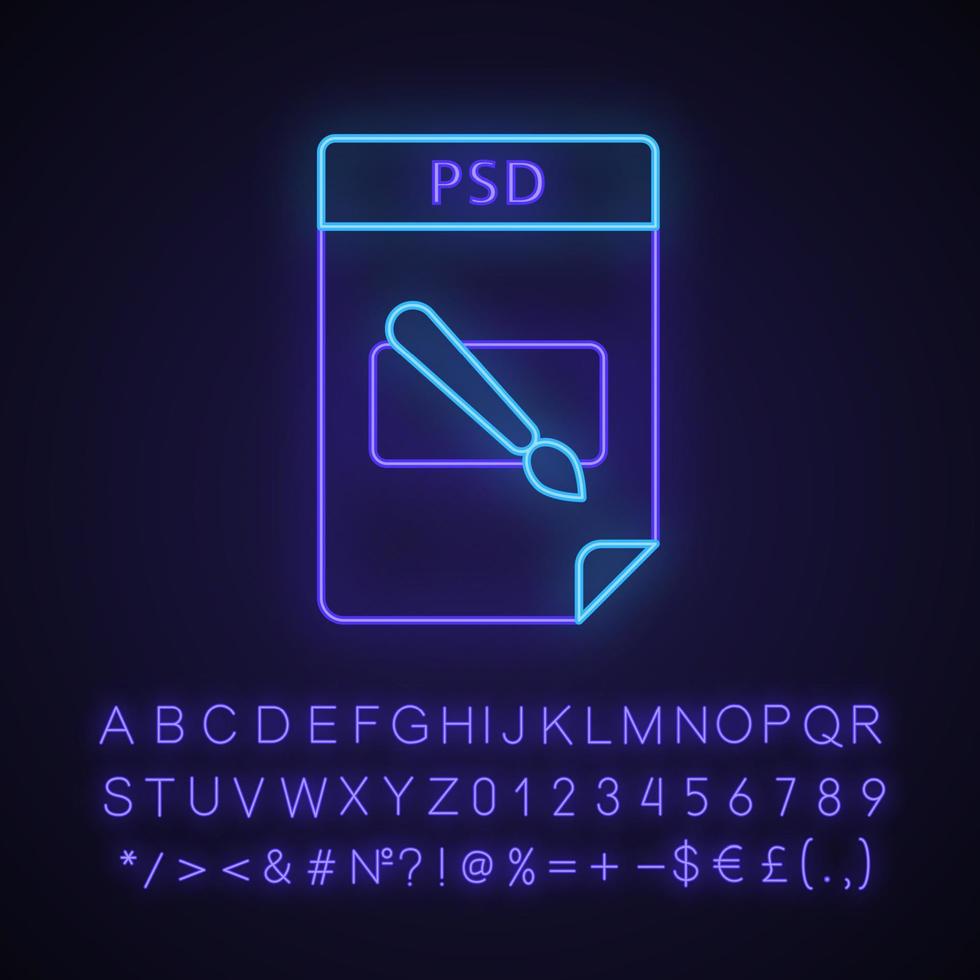 PSD file neon light icon. Layered image file format. Glowing sign with alphabet, numbers and symbols. Vector isolated illustration
