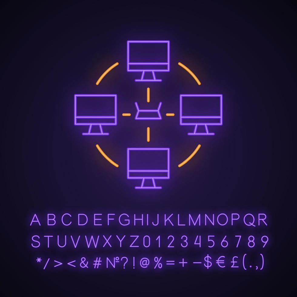 Local area network neon light icon. Esports community. LAN. Computer network. Interconnections between gamers. Glowing sign with alphabet, numbers and symbols. Vector isolated illustration