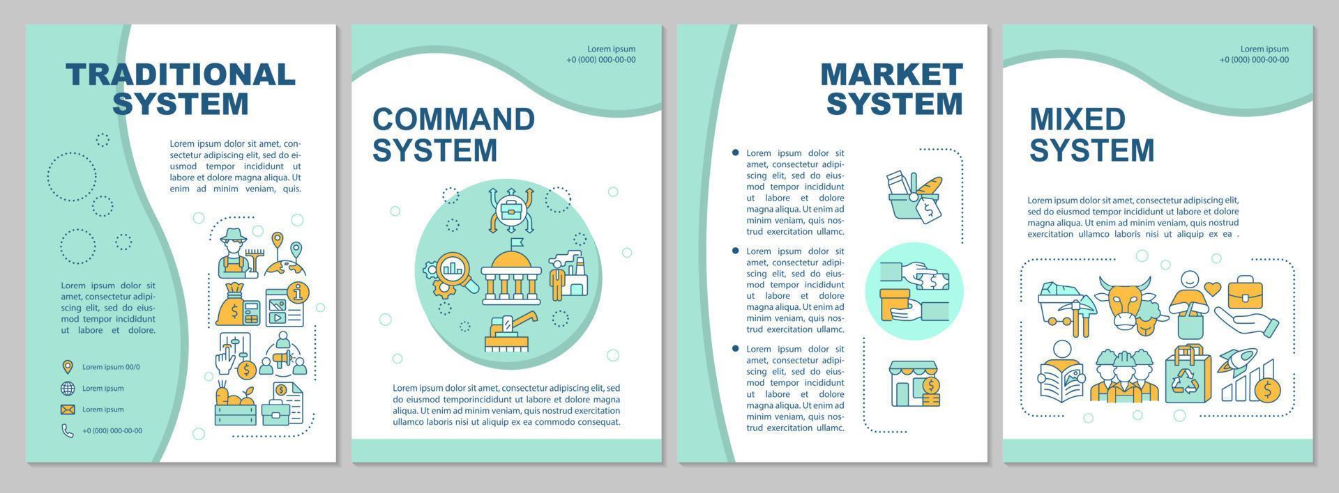 Economic system types mint brochure template. Manufacturing goods. Leaflet design with linear icons. 4 vector layouts for presentation, annual reports. Arial-Black, Myriad Pro-Regular fonts used