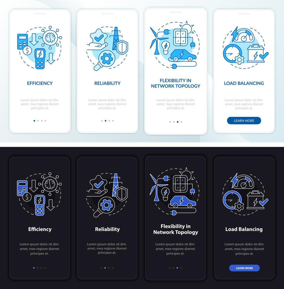 Smart grid features night and day mode onboarding mobile app screen. Tech walkthrough 4 steps graphic instructions pages with linear concepts. UI, UX, GUI template. Myriad Pro-Bold, Regular fonts used vector