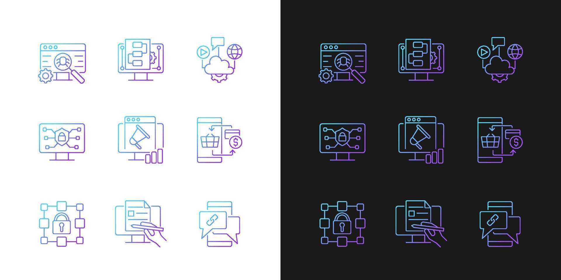 Digital proficiency gradient icons set for dark and light mode. Internet safety. Cloud solutions. Thin line contour symbols bundle. Isolated vector outline illustrations collection on black and white