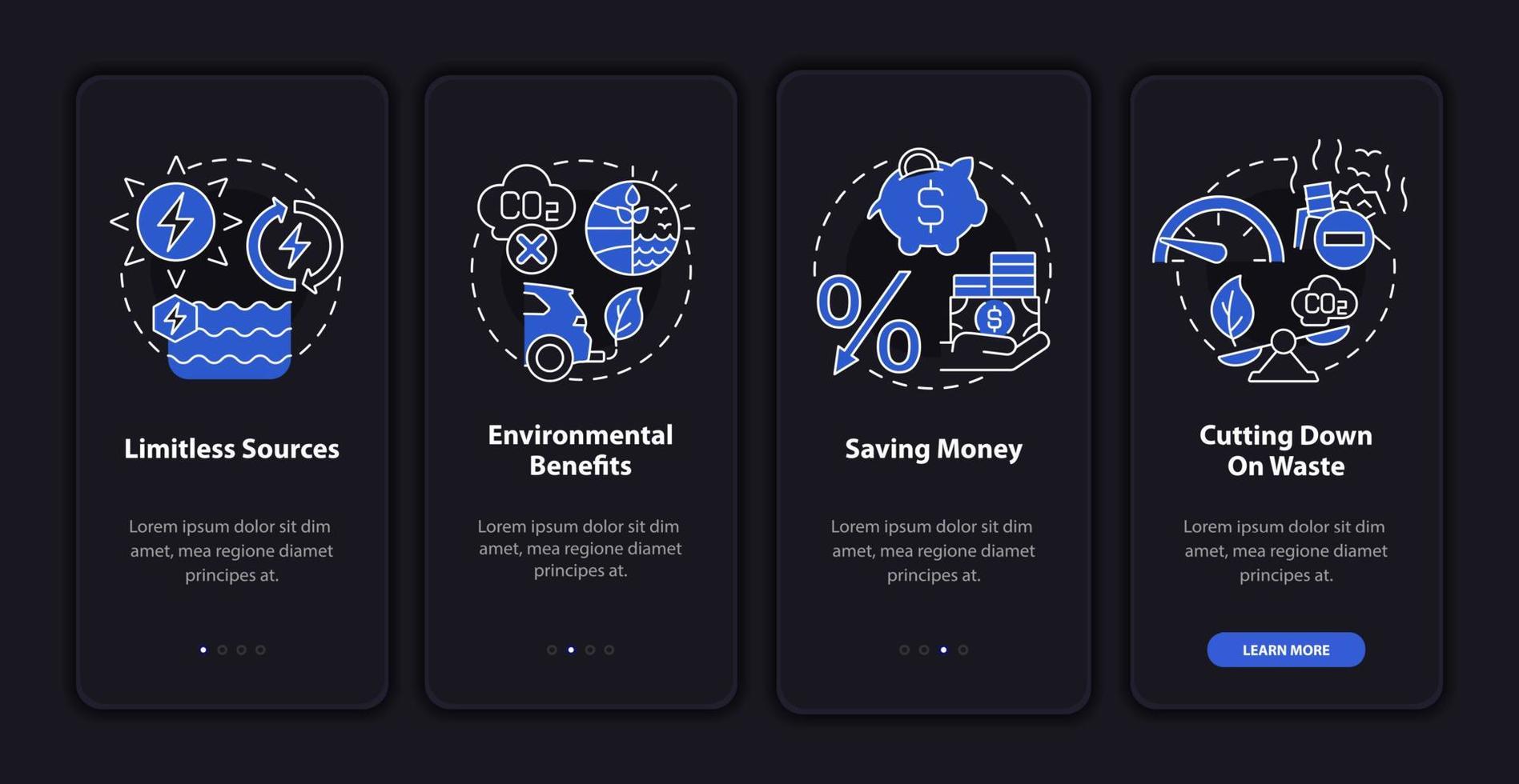 Renewable energy benefits onboarding mobile app page screen. Nature walkthrough 4 steps graphic instructions with linear concepts. UI, UX, GUI template. Night mode. Myriad Pro-Bold, Regular fonts used vector