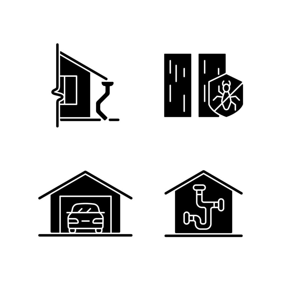 Residential construction black glyph icons set on white space. Roof drainage system. Protection from termite. Parking space. Piping network. Silhouette symbols. Vector isolated illustration