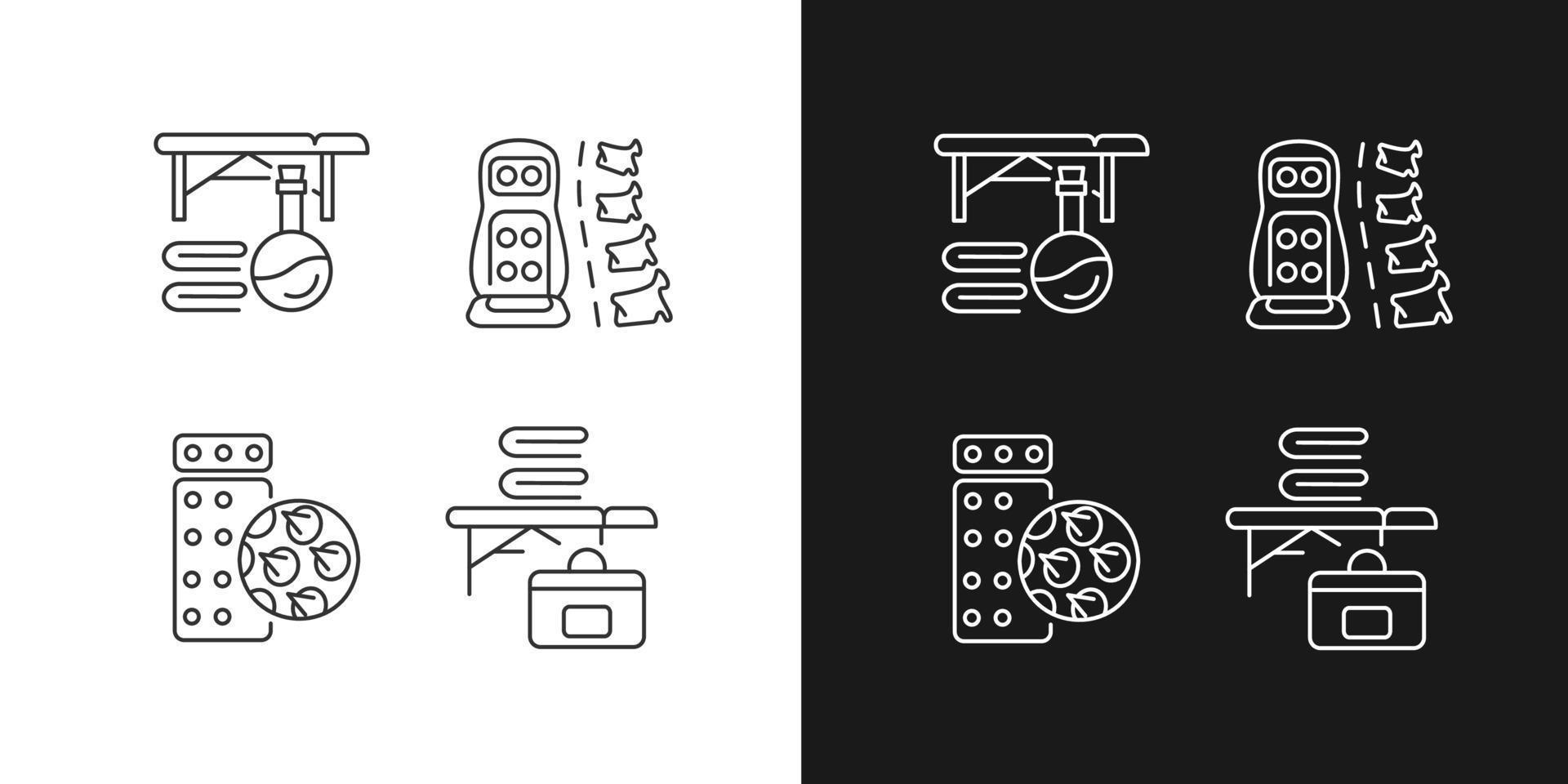 Back massage equipment linear icons set for dark and light mode. Portable table. Acupressure mat, vibrating pad. Customizable thin line symbols. Isolated vector outline illustrations. Editable stroke