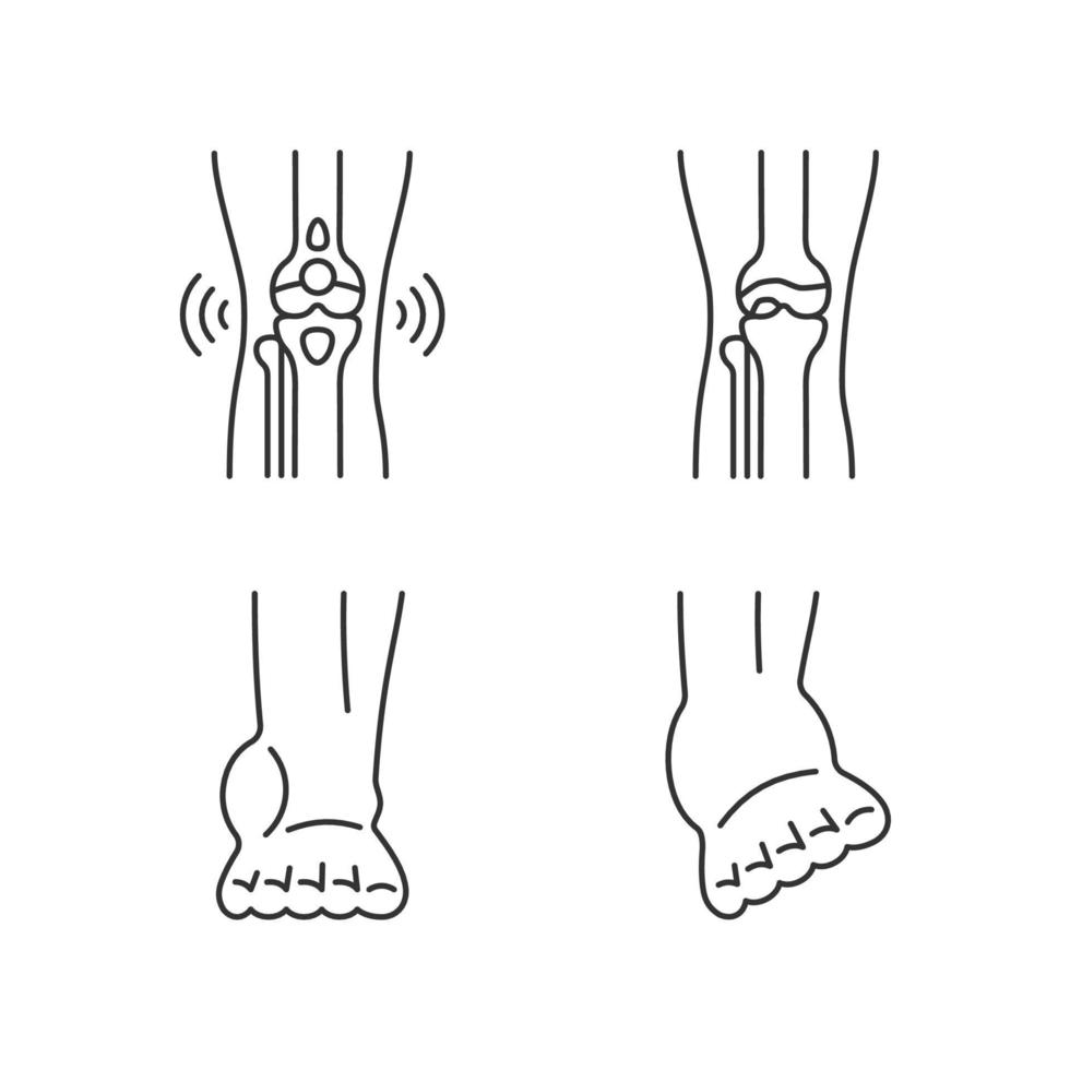 conjunto de iconos lineales de dolor de pierna de artritis. enfermedad degenerativa de las articulaciones. condición de bursitis. tensiones musculares. símbolos de contorno de línea fina personalizables. ilustraciones aisladas de contorno vectorial. trazo editable vector