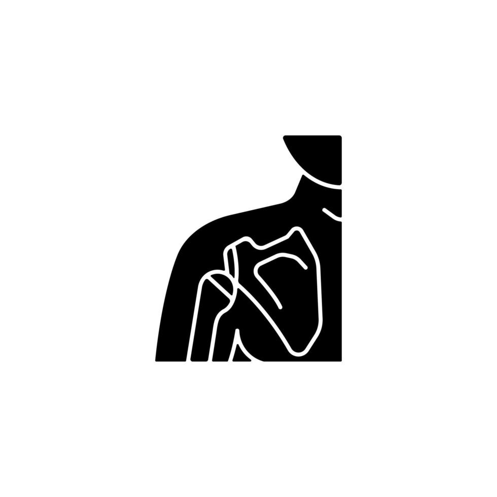 Joint dislocation black glyph icon. Dislocated shoulder. Muscles weakening. Sprain and fracture. Humerus trauma. Tear ligaments. Silhouette symbol on white space. Vector isolated illustration