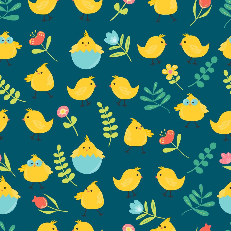 Seamless pattern with lovely chicken, flowers and leaves. Can be used for wallpapers, pattern fills, web page backgrounds, textile. Flat illustration vector