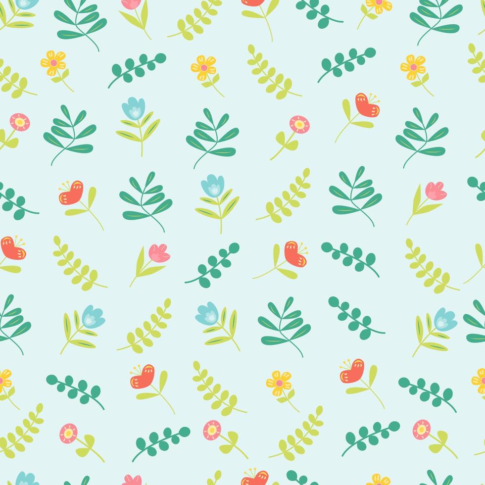 Spring garden floral seamless pattern with different flowers and leaves Flat vector illustration