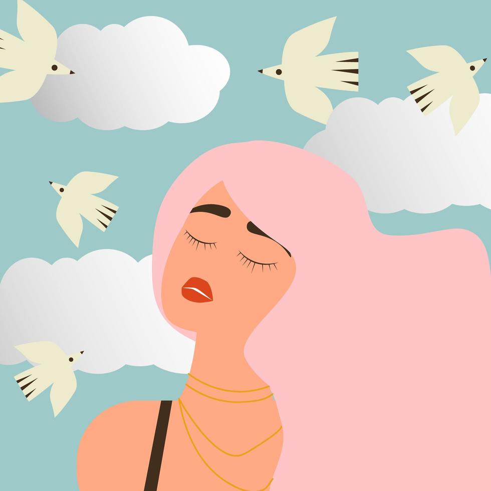 Beautiful girl with pink hair and red lipstick looks at the sky and dreams about something. Blue background with clouds and birds. flat illustration vector