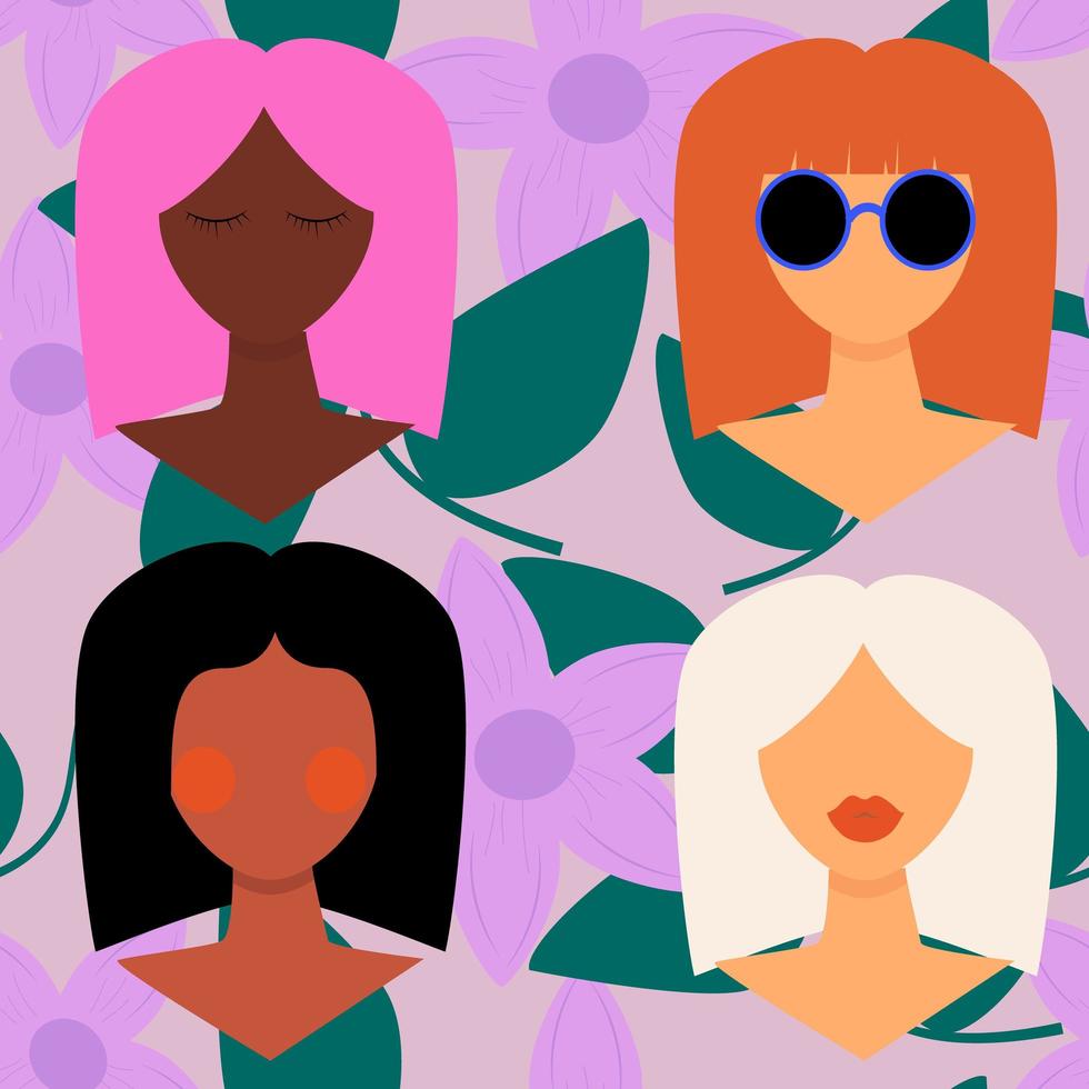 cuatro mujeres de diferentes nacionalidades y culturas. chica con diferente color de piel y cabello. amistad de mujeres, unión de feministas, hermandad o concepto del día internacional de la mujer. vector