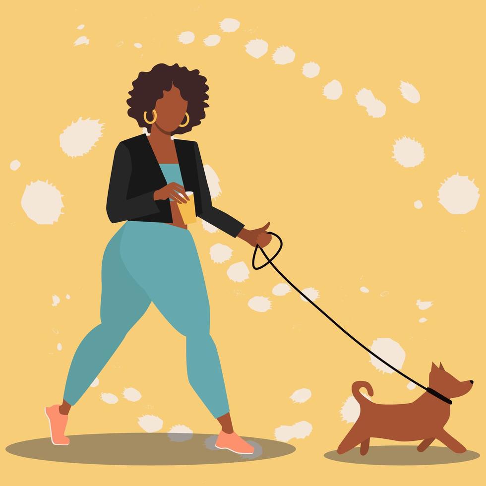 Beautiful afro women in leather jacket walking with dog and drinking coffee. Best friend, alking with pet concept. Flat illustration vector