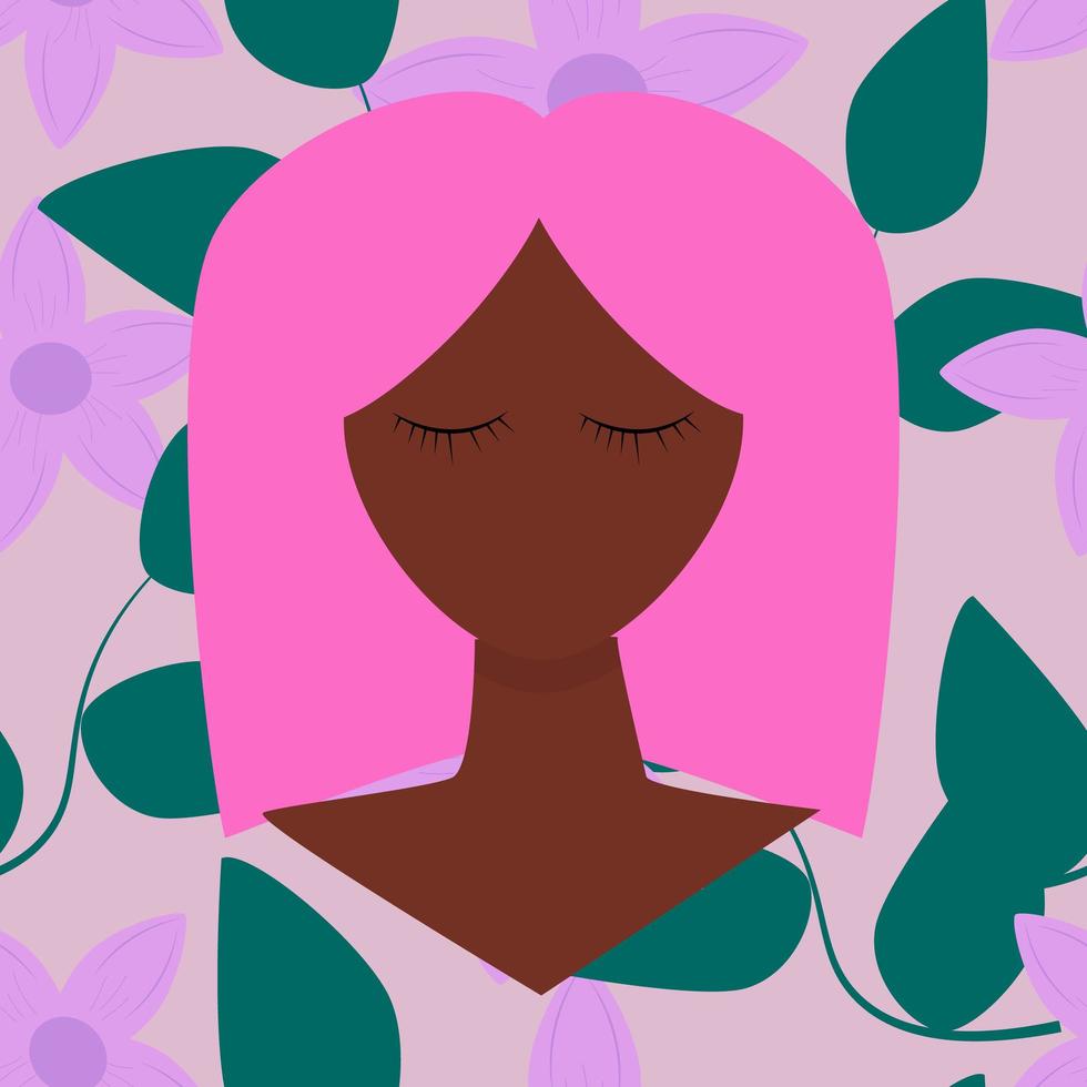 Afro women with pink hair and close eyes. Floral seamless background. Flat illustration vector