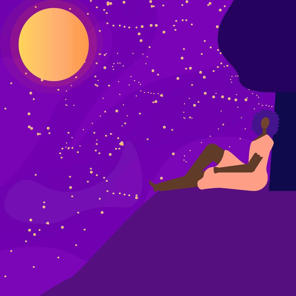 Beautiful afro girl sitting near tree and looking at the stars. Flat illustration vector