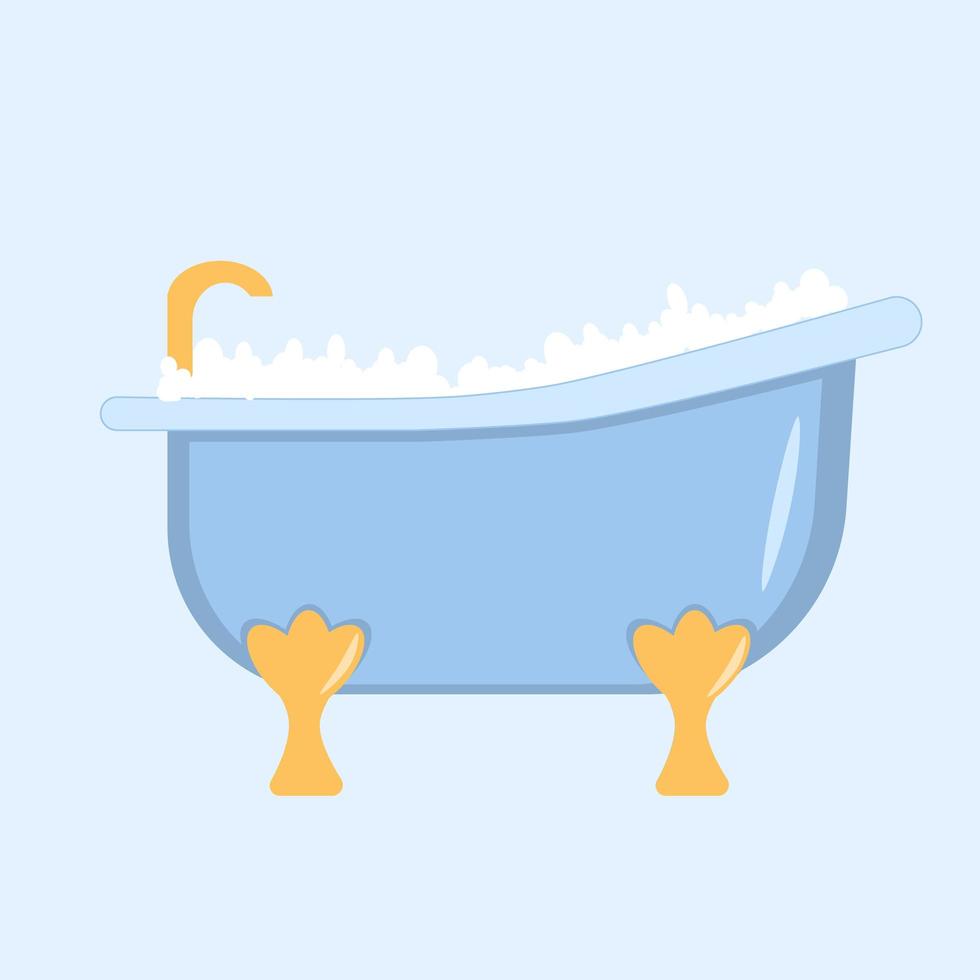 Bathtub with foam bubbles inside. Bathroom interior. Flat illustration on blue background. vector