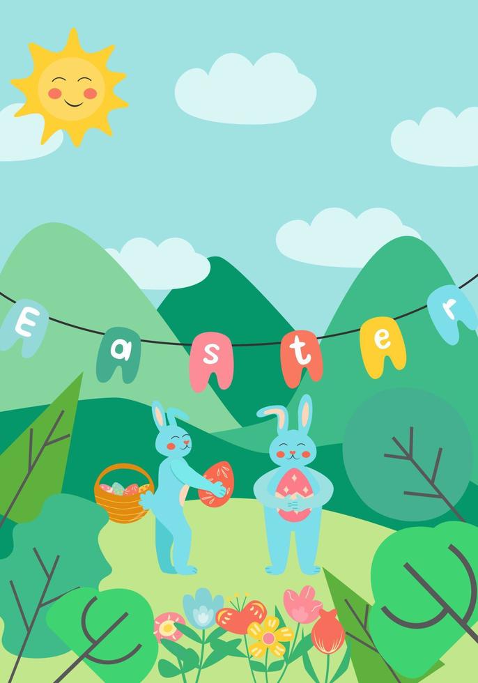 Concept for Easter Spring garden rabbits Flat vector background