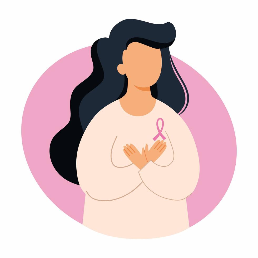 Woman holds  hands on chest. Breast Cancer Awareness Day. Health problems. Vector illustration on topic of medicine. Symptom of disease.