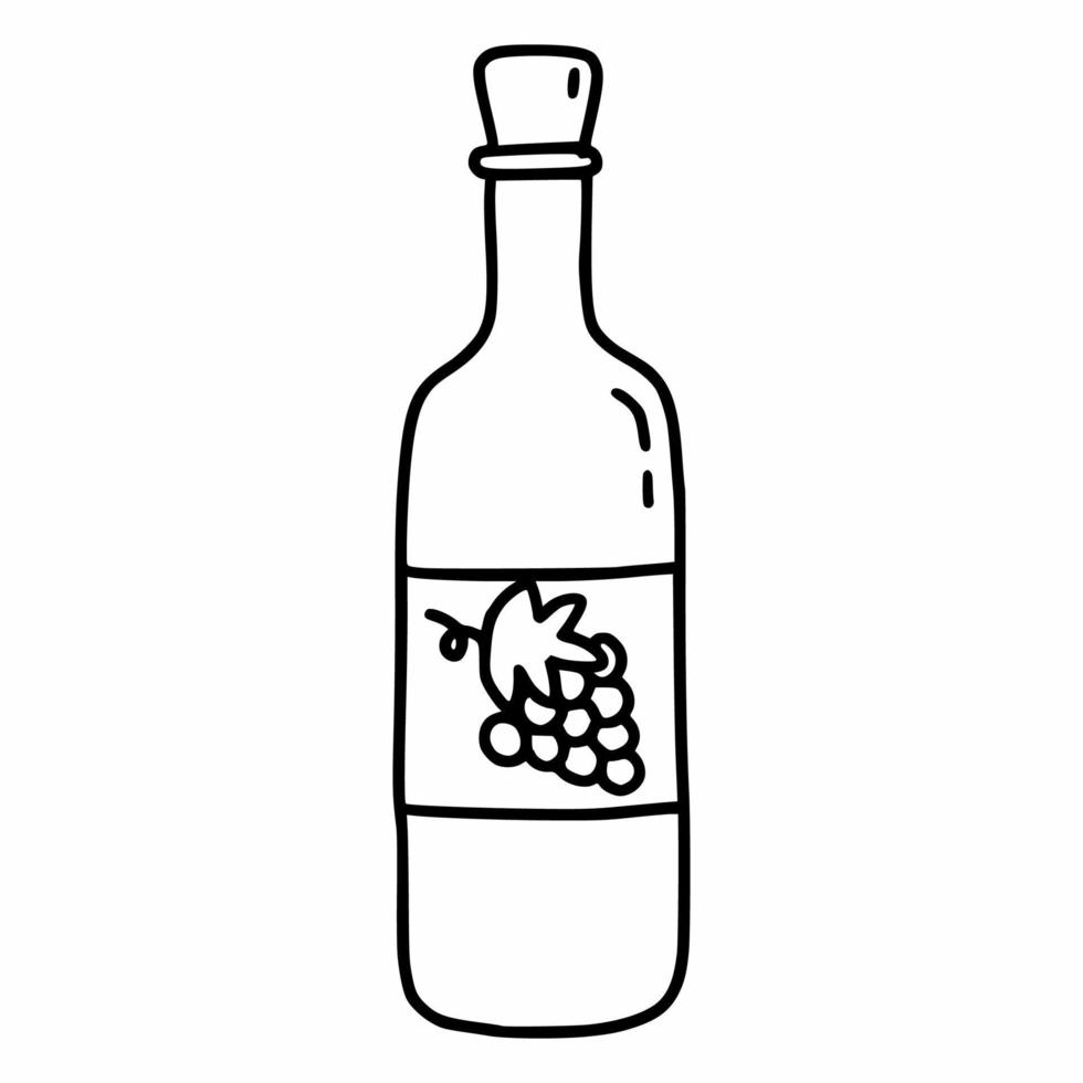 Bottle of wine made from grapes. Vector doodle illustration. Sketch.